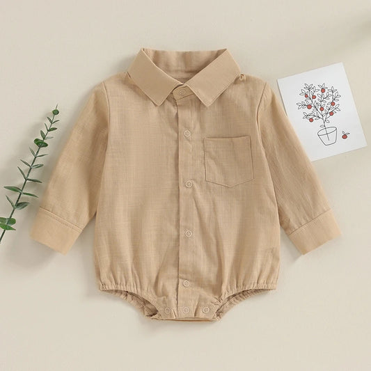 Baby Boy Collared Romper with Long Sleeves, Chest Pocket and Snap Front, Solid Color Cotton Blend Gentleman Outfit for Photos, 0-24 Months