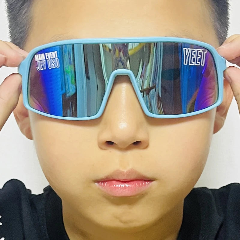 YEET Graphic Sunglasses with Jey Uso Main Event Lettering, Colorful Shield-Style Fan Shades in Children's and Adult Options for Party Outfits