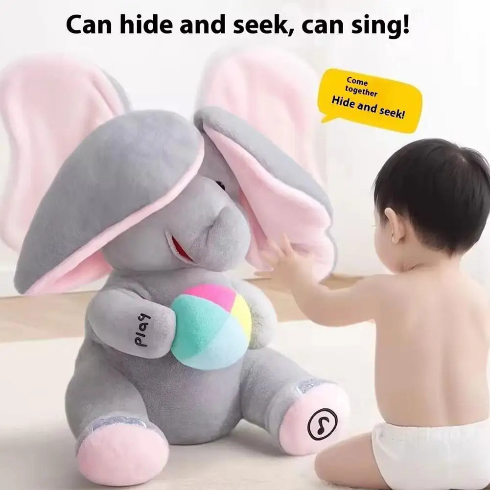 Peekaboo Singing Elephant Plush Toy, 25 cm Gray Interactive Musical Stuffed Animal with Moving Ears for Supervised Toddler Play Over 12 Months