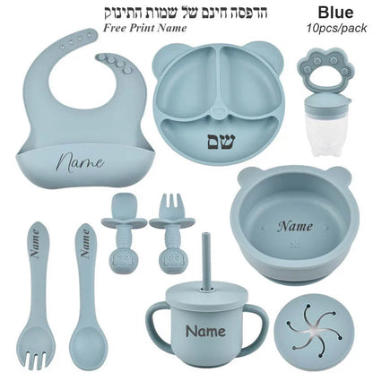Ten-Piece Personalized Baby Feeding Set with Panda Divided Plate, Suction Bowl, Pocket Bib, Straw Cup and Utensils in Nine Color Options