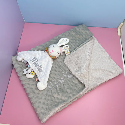 Embroidered Name Baby Blanket and Animal Comforter Options, Personalized Minky Bubble-Texture Keepsake with Single-Item and Two-Piece Gift Choices