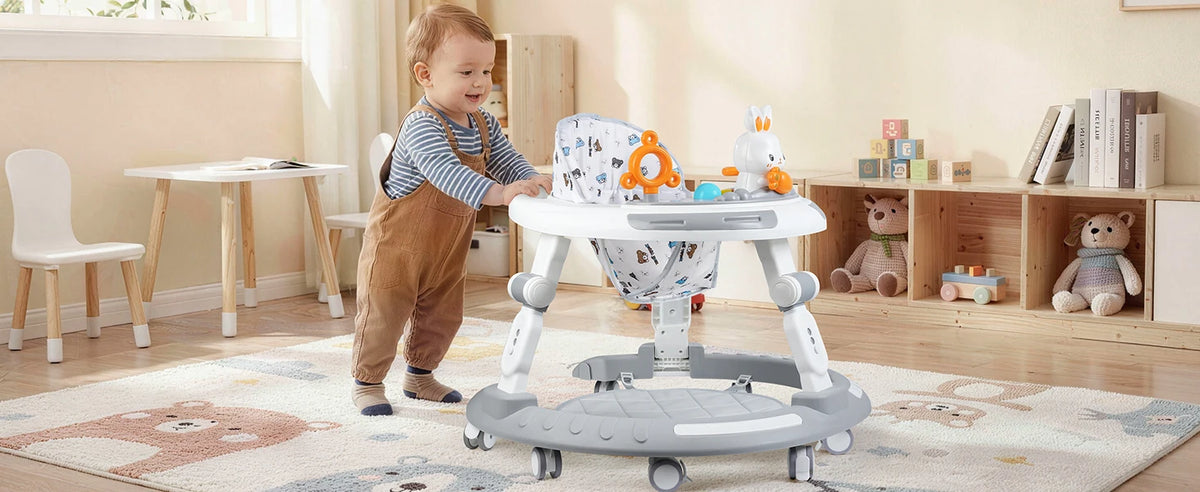 Baby Walker Activity Center in White, 4-in-1 Play Design with 3 Frame Height Settings, 5 Seat Adjustments and Wheeled Base for Indoor Use