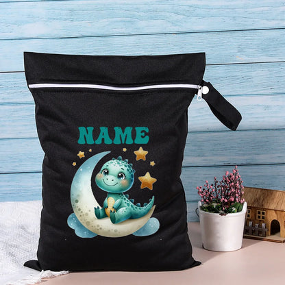 Dinosaur Wet Bag with Personalized Name Design, 40 x 28 cm Polyester Diaper Storage Pouch with Waterproof Membrane for Swimwear and Kids Essentials