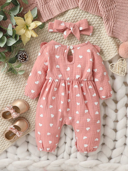 Baby Girl Heart Print Romper with Shoulder Ruffles and Bow Details, Long Sleeve Cotton Jumpsuit with Inner-Leg Snaps, Sizes 0-6 Months