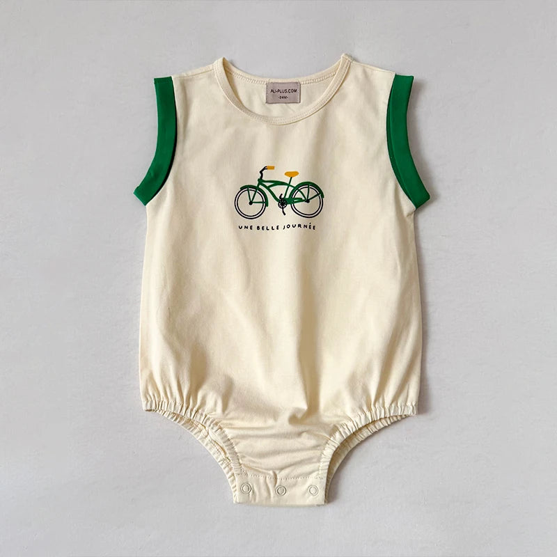 Bicycle Print Sibling Matching Outfits, Cream Girls Dresses and Tops with Red Skirts, Boys Green Shorts and Baby Rompers for Family Photos