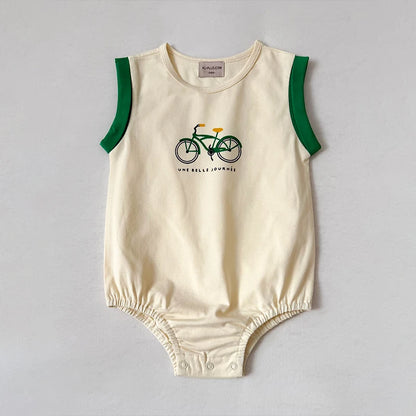 Bicycle Print Sibling Matching Outfits, Cream Girls Dresses and Tops with Red Skirts, Boys Green Shorts and Baby Rompers for Family Photos