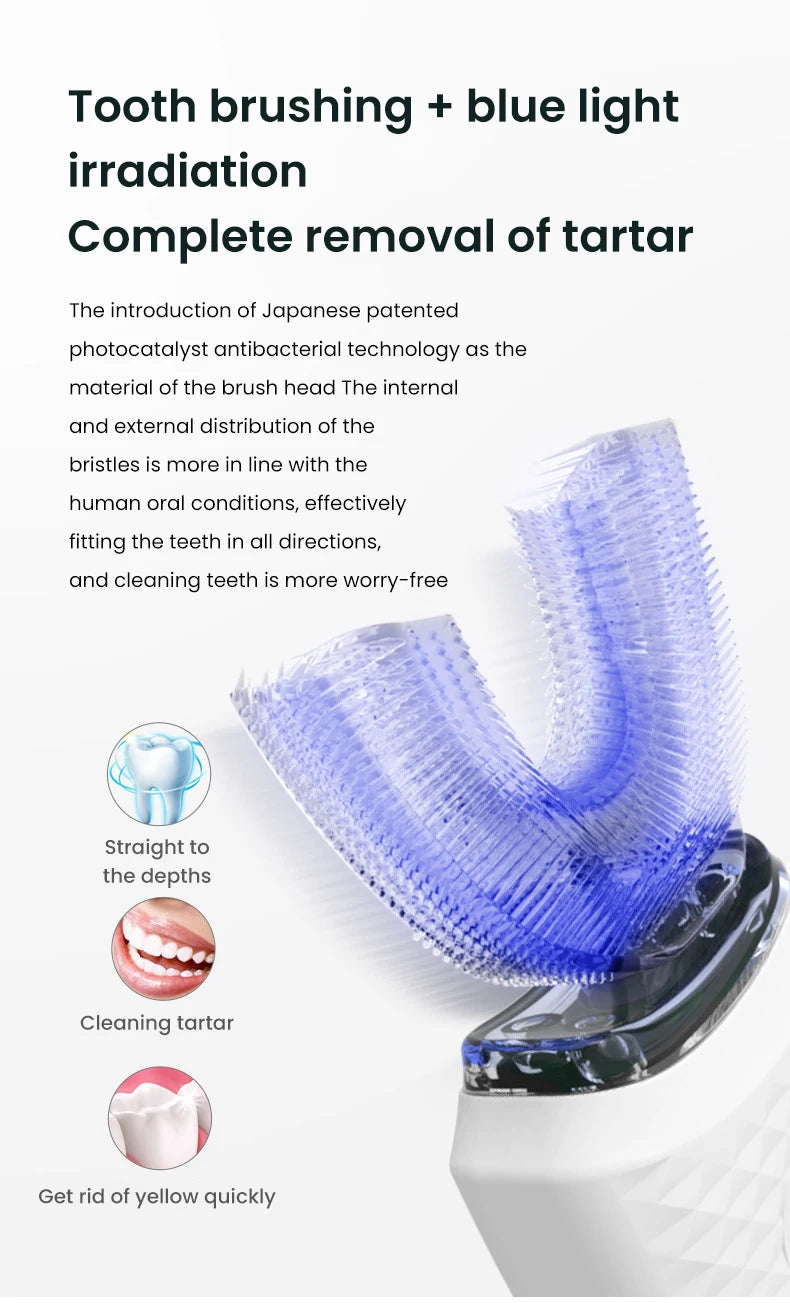 Adult U-Shaped Electric Toothbrush with Four Brushing Modes, Blue-Light Feature and Wireless Charging Design for Daily Oral Care