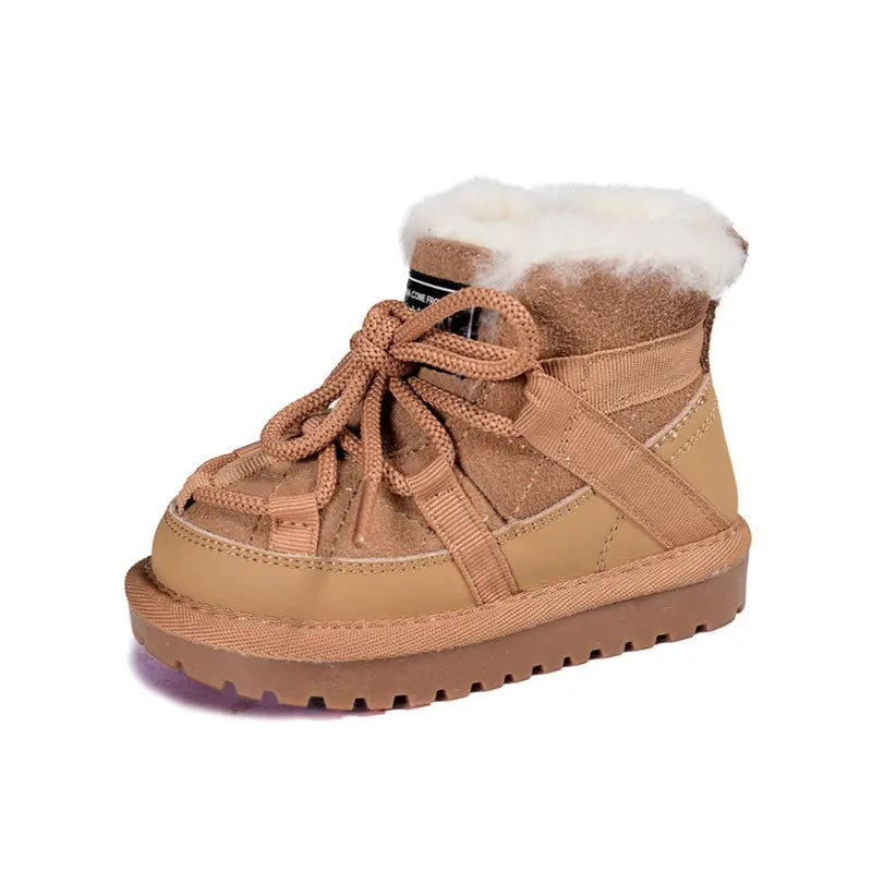 Plush-Lined Toddler Ankle Boots with Lace-Up Front and Side Zipper, Camel or Black Winter Shoes for Boys and Girls, Sizes 18-30