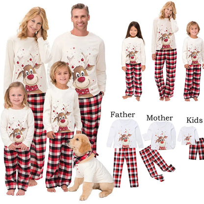 Red-Nose Reindeer Family Christmas Pajamas with White Long Sleeve Tops and Red Black Plaid Pants, Matching Mom Dad Kids Sets and Baby Jumpsuit Options