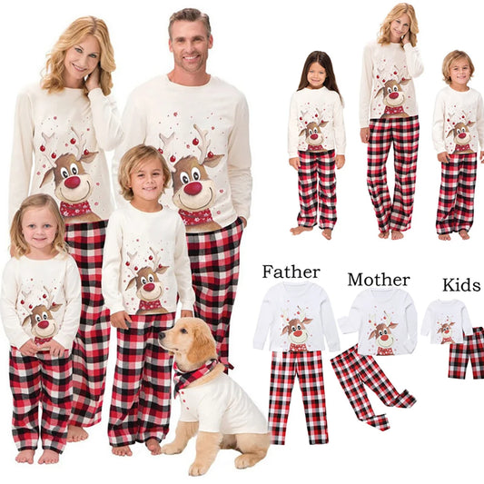 Red-Nose Reindeer Family Christmas Pajamas with White Long Sleeve Tops and Red Black Plaid Pants, Matching Mom Dad Kids Sets and Baby Jumpsuit Options