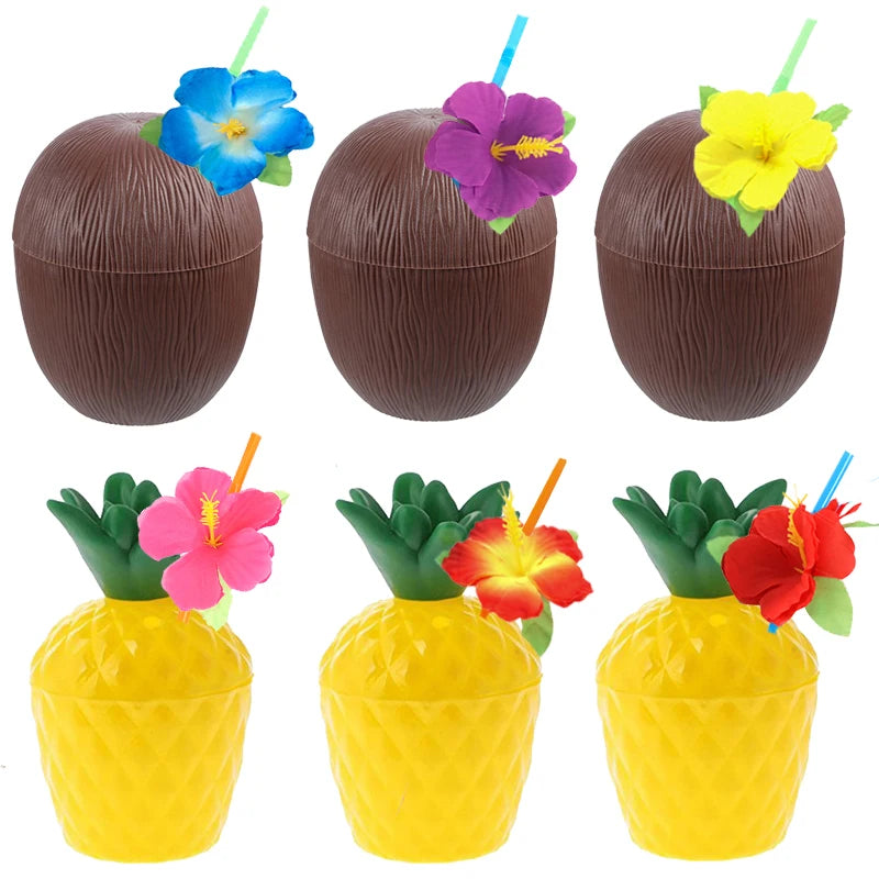Fruit Shaped Party Cups in Pineapple, Coconut and Strawberry Designs, 6 or 10-Piece Plastic Drink Cup Sets for Luau Birthdays and Summer Celebrations