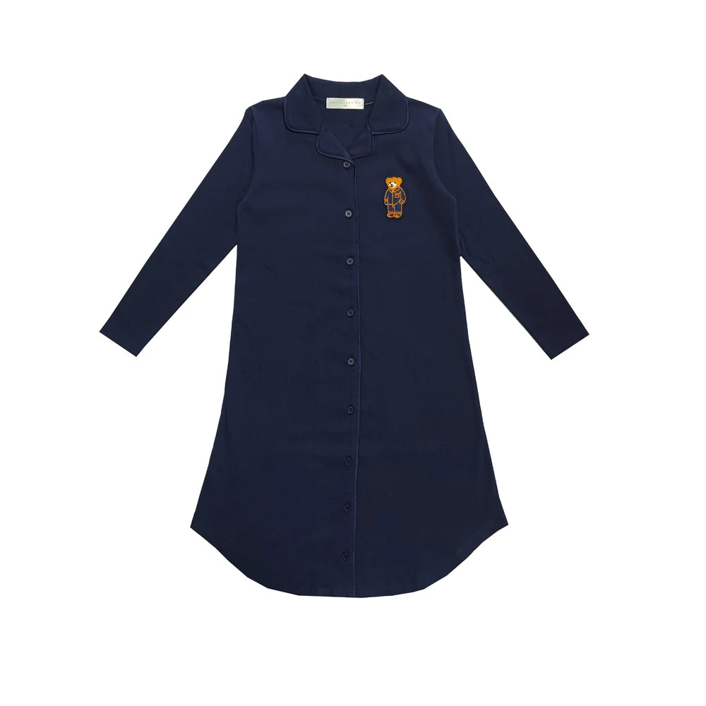 Kids Button Front Loungewear with Teddy Bear Motif, Long Sleeve Shirt and Pants Sets, Dress and Baby Romper Options in Blue, Pink and Red