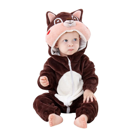 Baby Animal Hooded Costume Jumpsuit with Flannel Styling, Duck, Rabbit, Leopard and More Dress-Up Options for Boys and Girls, Sizes 70-120