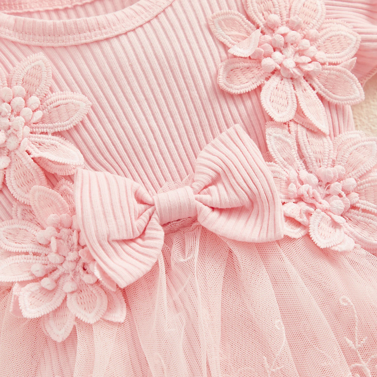 Flower Applique Baby Girl Romper Dress with Headband, Lace Mesh Skirt and Waist Bow, Cotton Blend Summer Occasion Outfit for 0-18 Months