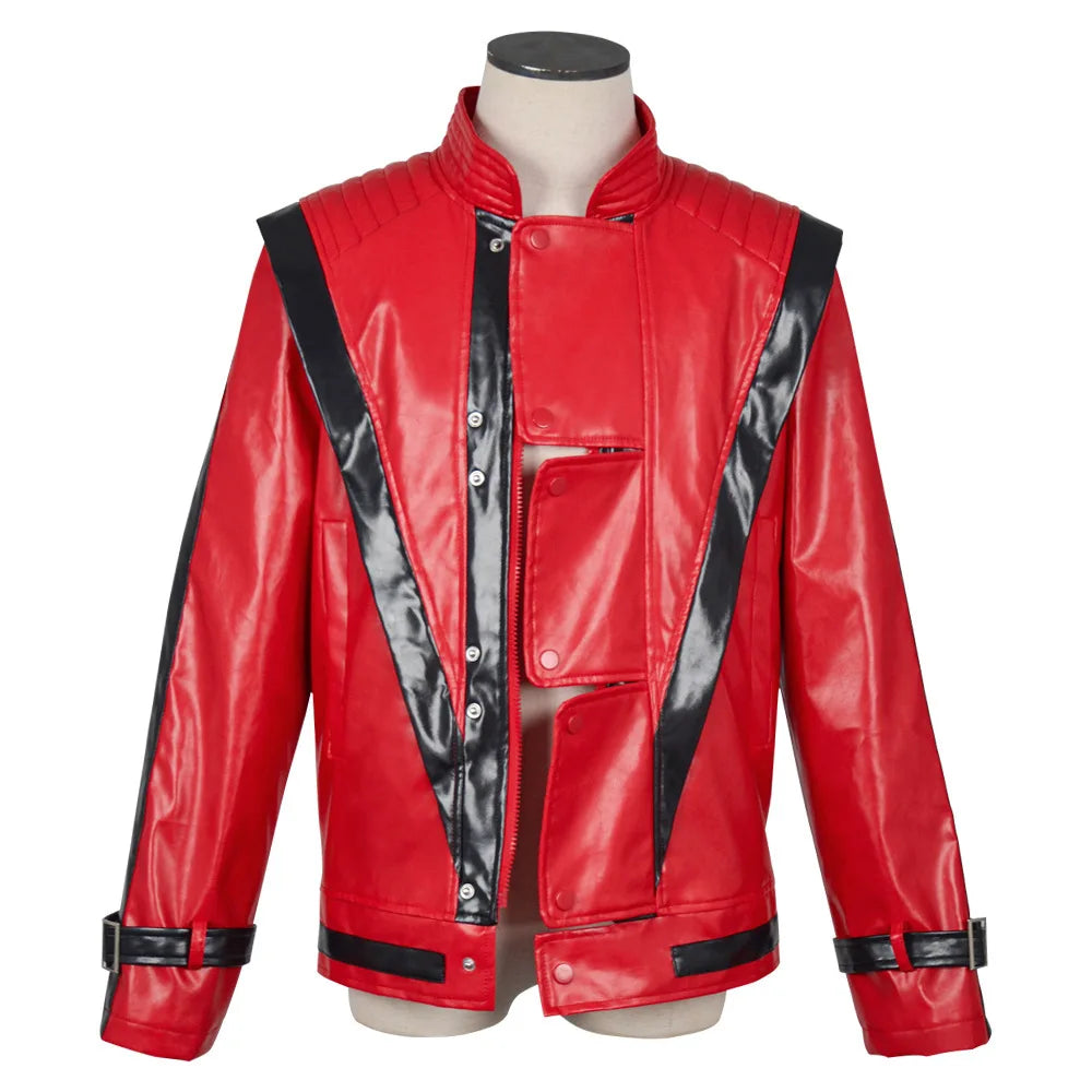 Red Thriller-Style Costume Jacket with Black Contrast Panels, Stand Collar and Cuff Straps for Pop-Inspired Cosplay, Halloween and Stage Performances