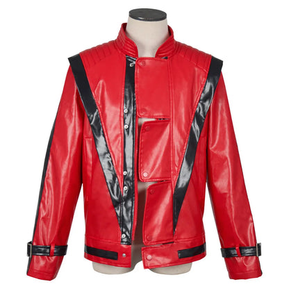 Red Thriller-Style Costume Jacket with Black Contrast Panels, Stand Collar and Cuff Straps for Pop-Inspired Cosplay, Halloween and Stage Performances