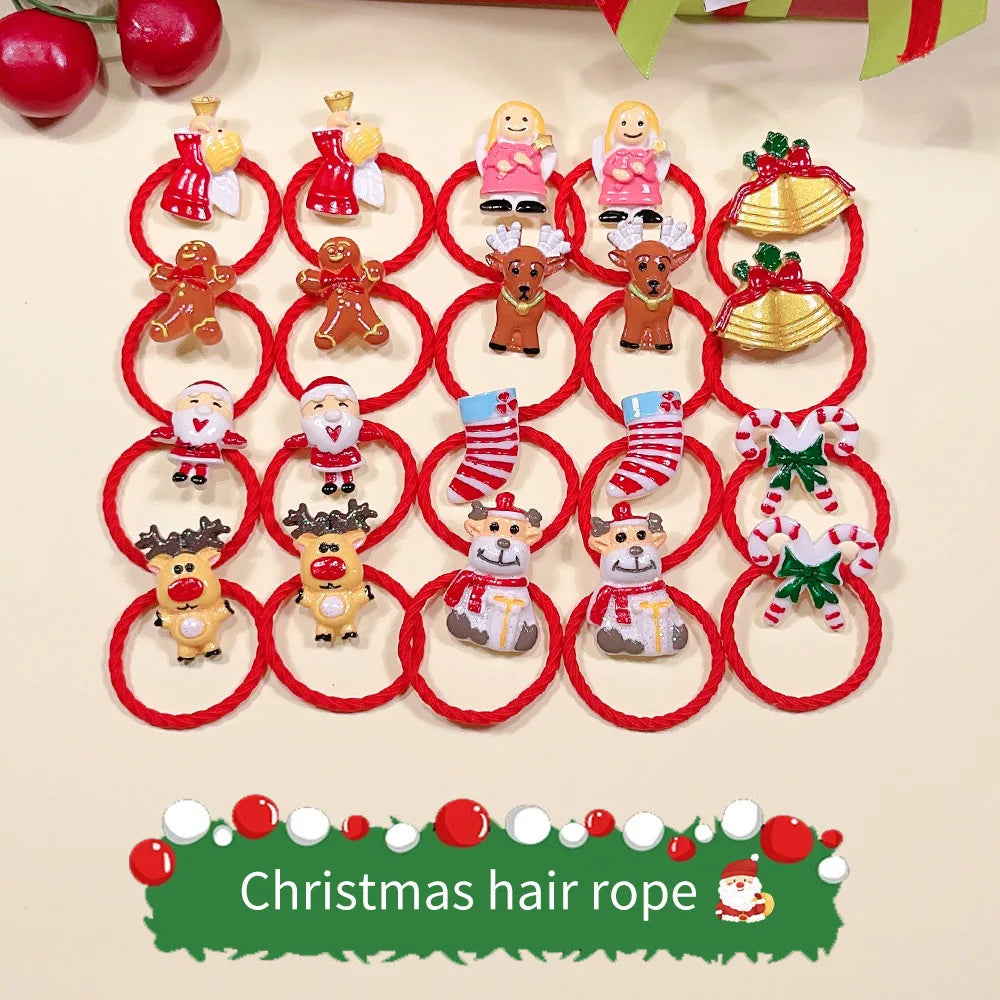 Christmas Hair Ties for Girls, 20-Piece Red Elastic Ponytail Holder Set with Santa, Reindeer, Bells and Festive Charms for Holiday Hairstyles