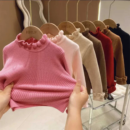 Toddler Lettuce Edge Sweater, Ribbed Knit Mock Neck Pullover with Long Sleeves for Boys and Girls, Six Solid Colors, Sizes 12-18M to 6-7Y