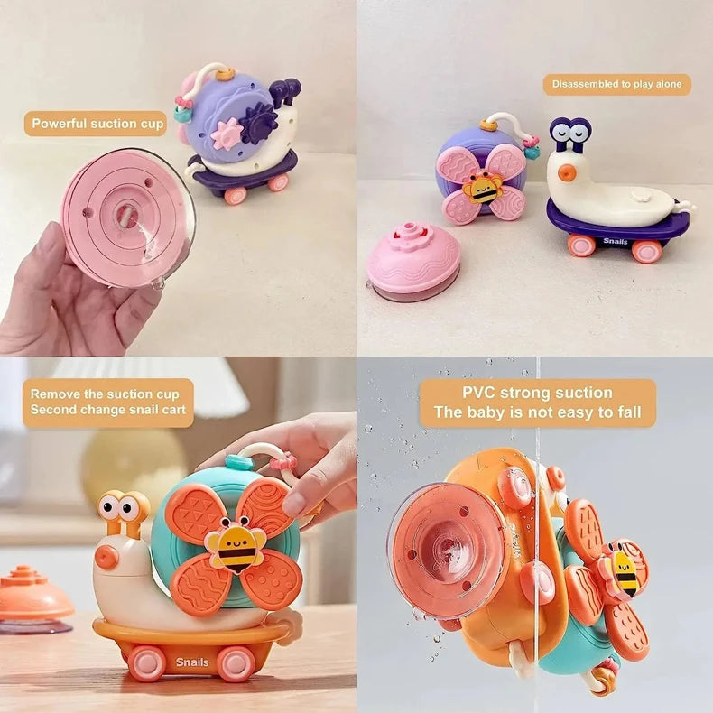 Suction Cup Snail Spinner Toy with Colorful Windmill and Wheeled Design for Supervised Sensory Play, Fine Motor Exploration and Gifting