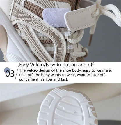 Children Mesh Sports Sneakers with Layered Panels, Lace and Strap Styling for Boys and Girls, Casual Spring and Fall Shoes in Red, Khaki or Black
