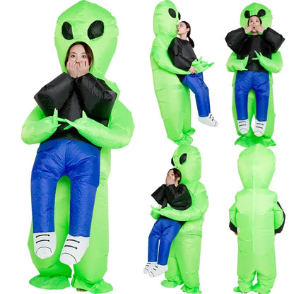 Carry-Me Alien Inflatable Costume for Kids and Adults, Green Abduction Illusion Suit with Fan and Battery Case for Halloween Parties and Stage Shows