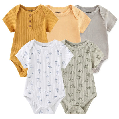 Infant Cotton Bodysuits 5-Pack with Short Sleeves and Envelope Shoulders, Solid Colors and Playful Prints for Baby Boys and Girls, Sizes 3M-12M