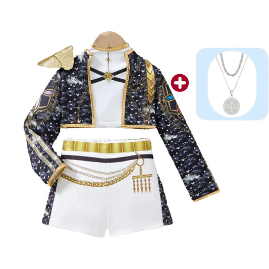 Girls K-Pop Dance Outfit with Black and Gold Jacket and White Top-and-Shorts Styling for Singing Competitions, Stage Shows and Costume Parties