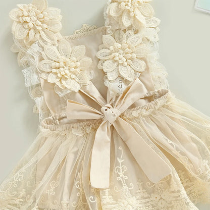 Floral Lace Baby Romper Dress with Matching Headband, Raised Flower Bodice and Sleeveless Square Neck for Parties and Milestone Photos, 0-18 Months