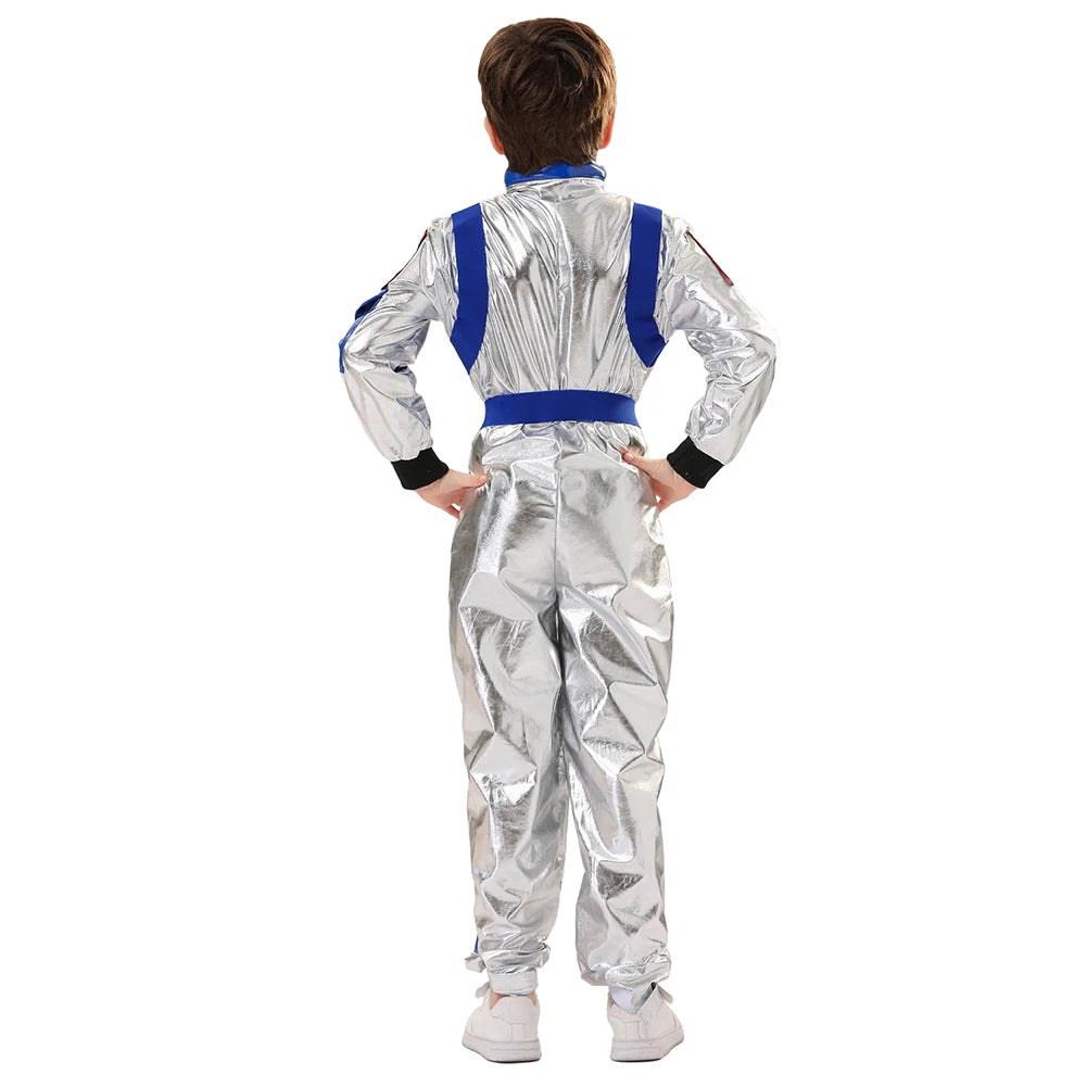 Kids Astronaut Costume Jumpsuit, Silver Space Explorer Outfit for Halloween, Carnival, Cosplay and Imaginative Dress-Up, Sizes 120–150