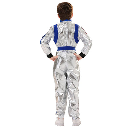 Kids Astronaut Costume Jumpsuit, Silver Space Explorer Outfit for Halloween, Carnival, Cosplay and Imaginative Dress-Up, Sizes 120–150