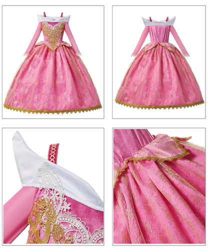 Pink Princess Costume Dress for Girls with Gold-Tone Detailing and Long Sleeves, Aurora-Inspired Party Dress-Up with Selectable Bundle Options
