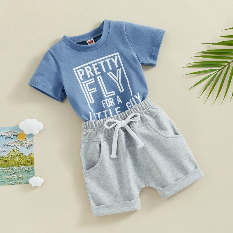 Baby Boys Graphic Shorts Set with Pretty Fly for a Little Guy T-Shirt and Elastic Waist Shorts, Cotton Blend Summer Outfit, Sizes 6M-3T