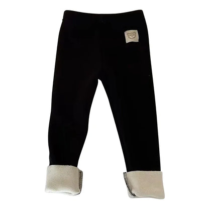 Ribbed Toddler Fleece Lined Pants with Bear Patch, Elastic Waist Pull-On Winter Trousers for Boys and Girls, Listed Sizes 12M to 6T