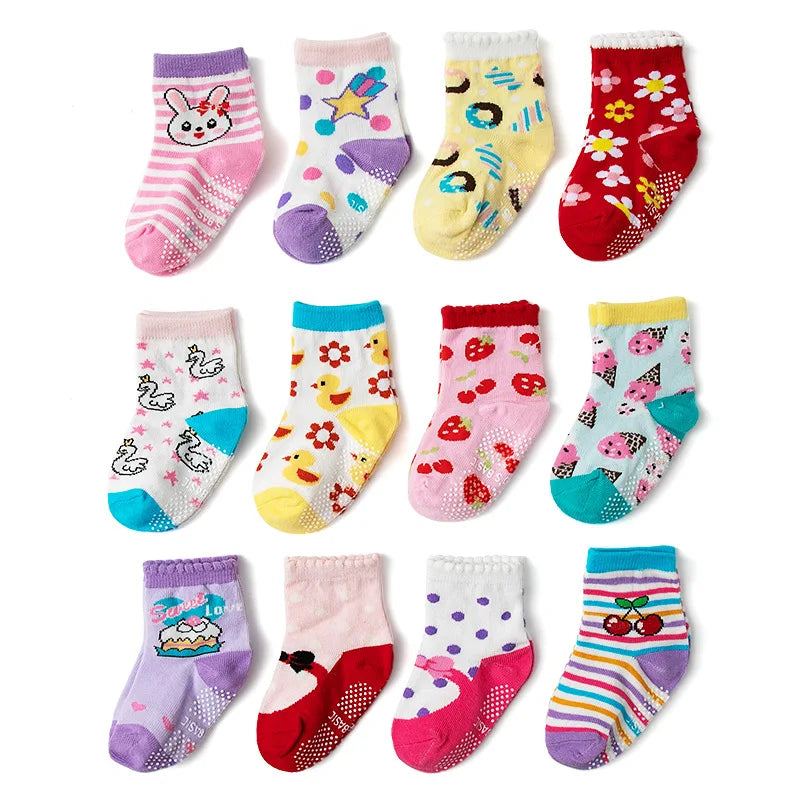 Cotton-Rich Baby Non-Slip Socks 12-Pair Pack, Crew Grip Socks with Ribbed Cuffs and Stretch Fit for Infant and Toddler Boys and Girls