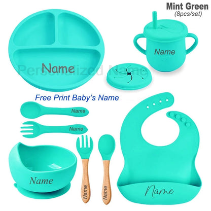 Personalized Silicone Baby Tableware Set, 8-Piece Collection with Divided Plate, Suction Bowl, Pocket Bib, Straw Cup and Two Utensil Pairs