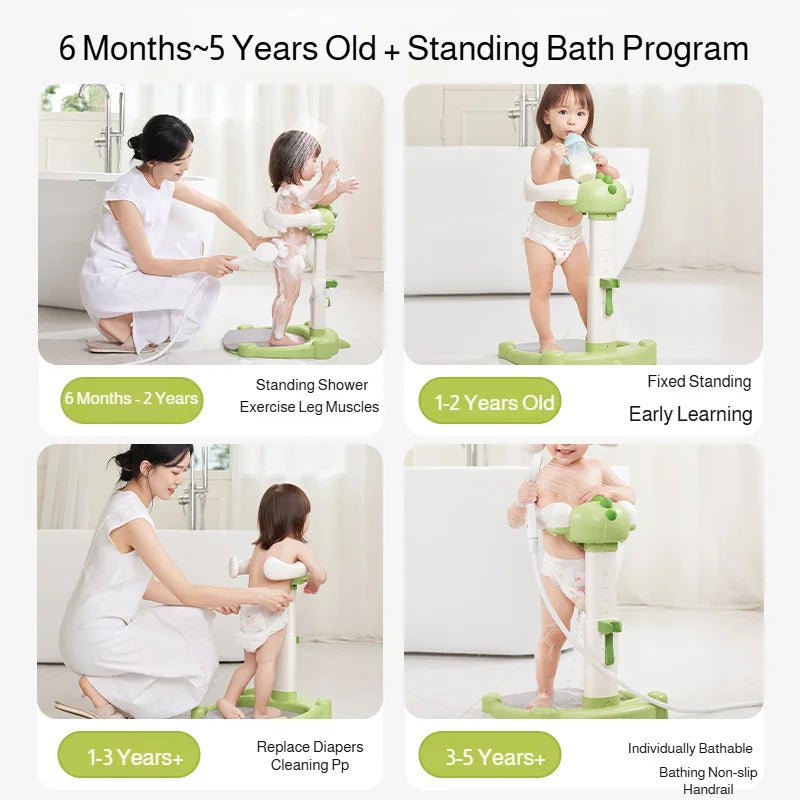 Adjustable Kids Shower Stand with Wraparound Support, Textured Base and Showerhead Holder, Gray or Brown Options for Adult-Supervised Bathing