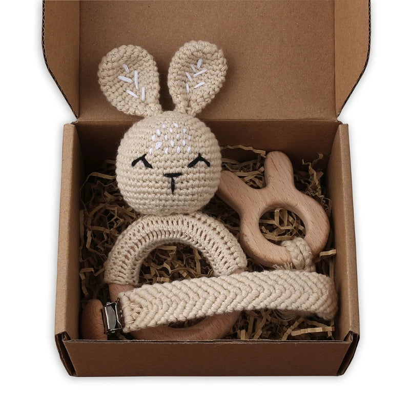 Crochet Animal Rattle Set with Wooden Ring and Coordinating Accessories, Rabbit, Deer and More Designs for Supervised Play and Baby Shower Gifts