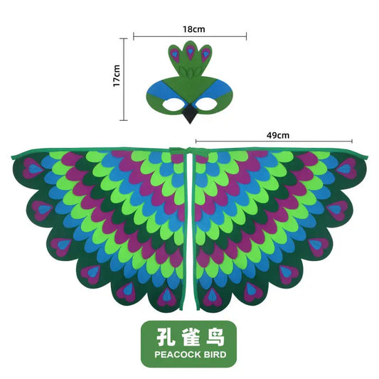 Kids Bird Wings and Mask Costume Set with Layered Felt Feather Cape, Colorful Animal Dress-Up for Halloween, Birthday Parties and Stage Performances