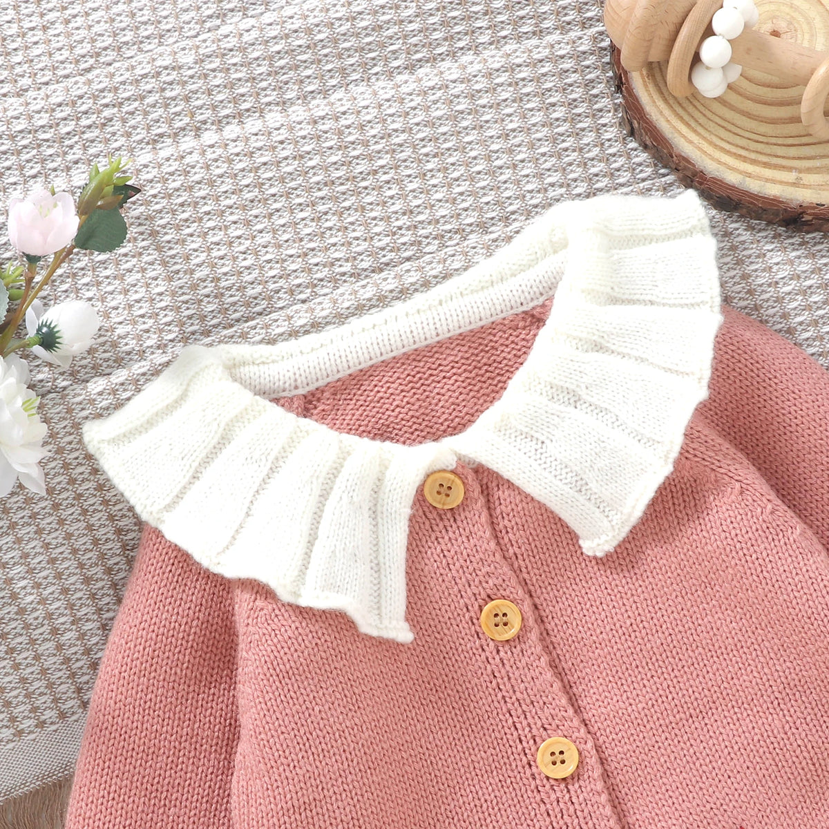 Rooster Embroidered Baby Girl Cardigan with White Ruffle Collar, Long Sleeve Button-Front Knit Sweater in Pink or Green, Sizes 6 Months to 3 Years