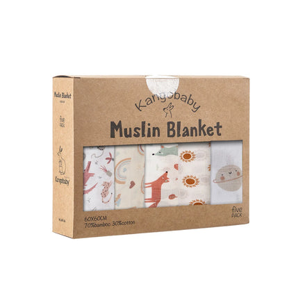 Bamboo Cotton Muslin Blanket Set, 5-Pack 60 x 60 cm Baby Cloths for Burping, Everyday Feeding Cleanup and Baby Shower Gifts by Kangobaby