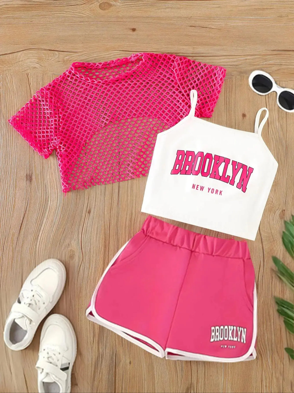 Girls Mesh Top and Shorts Outfit with Brooklyn Print Cami, Three-Piece Summer Set with Short Sleeves and Elastic Waist for Ages 8-12