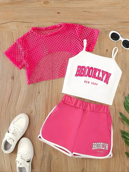 Girls Mesh Top and Shorts Outfit with Brooklyn Print Cami, Three-Piece Summer Set with Short Sleeves and Elastic Waist for Ages 8-12