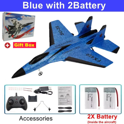 RC Airplane SU35 Fighter, Oike EPP Foam Plane with 2.4 GHz Control, Gyroscope and LED Lights for Outdoor Flying, One or Two Battery Options