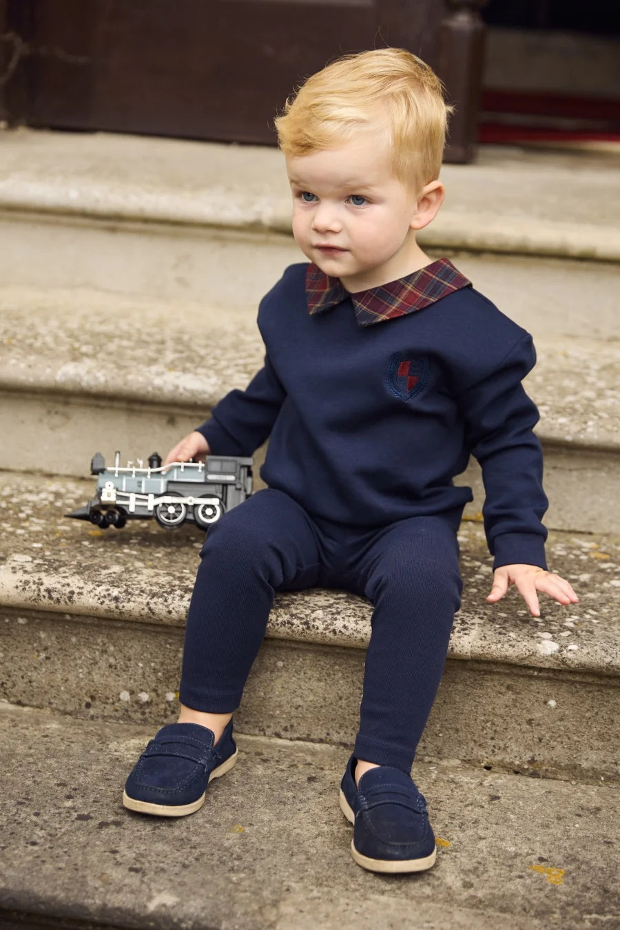 Kids Matching Varsity Outfits, Navy Embroidered Tops, Denim Skirts and Dresses for Babies, Boys and Girls, Sibling Photos and Fall Layering