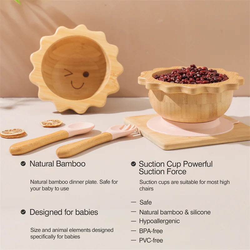 Bamboo Baby Suction Bowl and Tableware Options, Sun, Cloud and Dinosaur Designs with Single-Piece or 3-Piece Wooden-Handle Utensil Sets