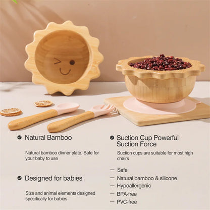 Bamboo Baby Suction Bowl and Tableware Options, Sun, Cloud and Dinosaur Designs with Single-Piece or 3-Piece Wooden-Handle Utensil Sets