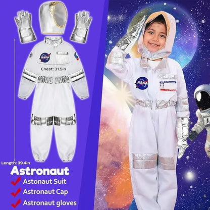 Space Explorer Costume for Kids with White Astronaut Jumpsuit, Space-Themed Patches and Metallic Trim Options for Halloween and Birthday Parties