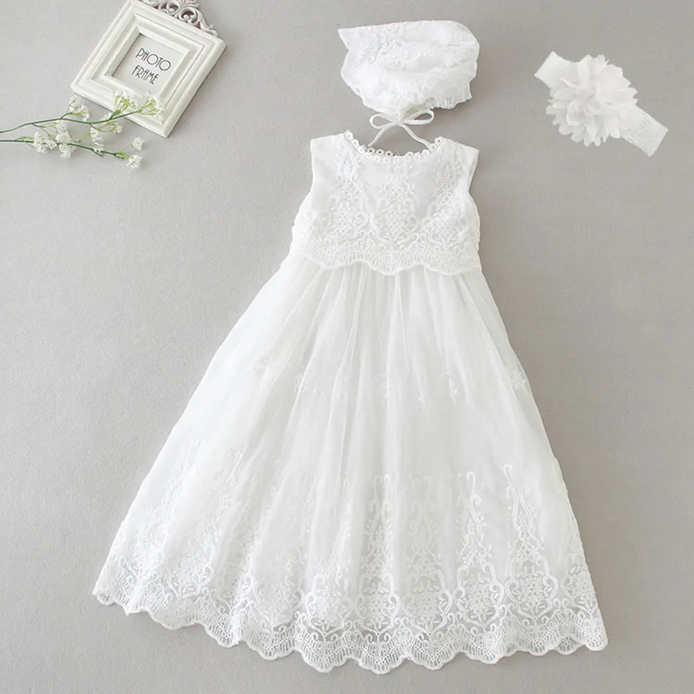 Baby Baptism Gown for Girls with Long Sleeves, Lace Details and Cotton Lining, Dress and Cap Set for Christening and First Birthday Photos