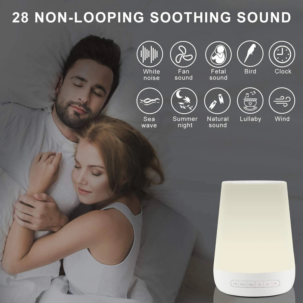 28-Sound White Noise Machine with Colorful Night Light, 1800mAh USB-C Rechargeable Battery and 30/60/90-Minute Timer for Nursery and Travel