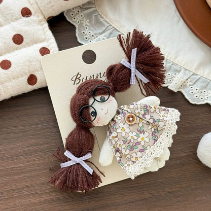 Doll Hair Accessories for Girls, Handmade Cotton Character Hair Clip or Elastic Hair Tie with Floral Dress and Colorful Pigtail Details